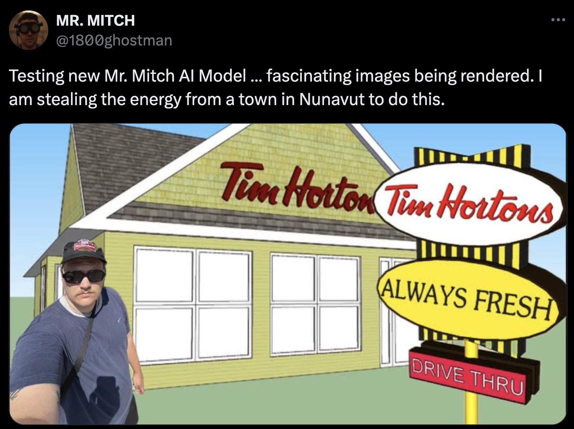 roof - Mr. Mitch Testing new Mr. Mitch Al Model ... fascinating images being rendered. I am stealing the energy from a town in Nunavut to do this. Tim Horton Tim Hortons Always Fresh Drive Thru